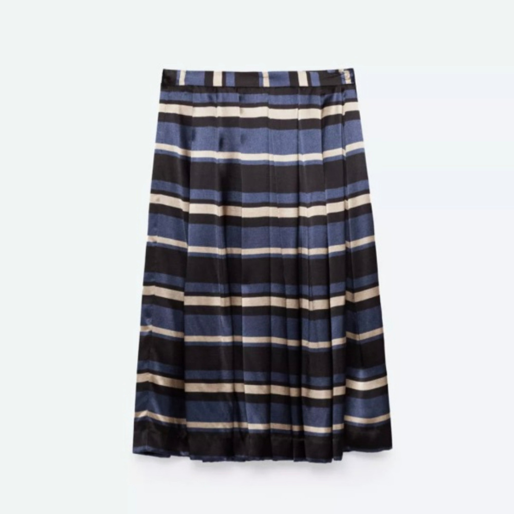 NWOT ZARA Stripe Satin Pleated Skirt Midi XS Blue Black Ecru